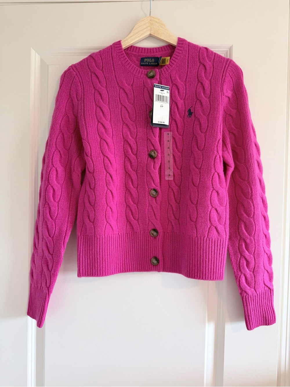 NWT Polo Ralph Lauren Cable-Knit Wool Cashmere Crewneck Cardigan Pink Size S